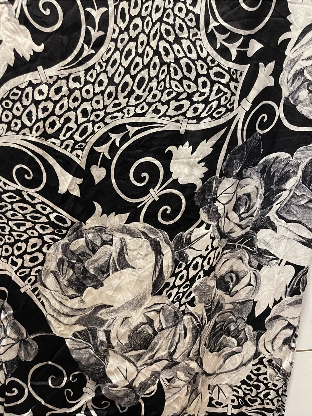 St. John Black & White Floral Silk Oblong Scarf Wrap